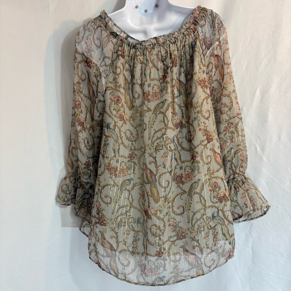 Soft Surroundings Aitana Blouse Bird Floral Sheer Boho Top L - Picture 9 of 10